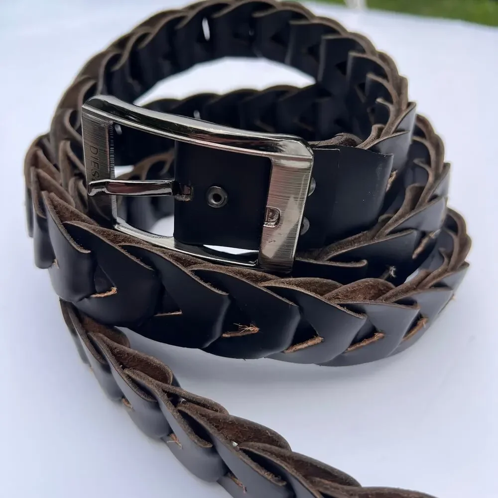 Diesel Black Braided Leather Belt Extra Long 58” Gunmetal Buckle Boho Punk